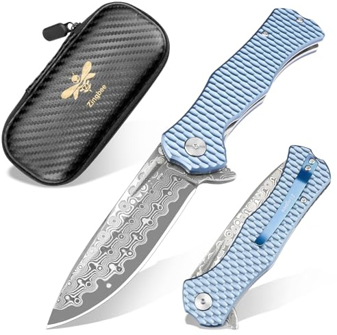 Zingbee Taschenmesser Damast Klappmesser, Hochwertig VG10 Damaststahl Scharf Klinge, EDC Einhandmesser für Outdoor Camping Sammlung Angel Geschenk