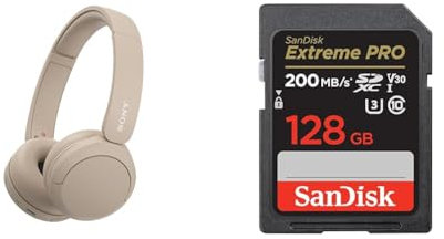 Sony WH-CH520 Wireless Bluetooth Headphones - up to 50 Hours Battery Life - Beige & SanDisk 128GB Extreme PRO SDXC card + RescuePRO Deluxe, up to 200MB/s, UHS-I, Class 10, U3, V30