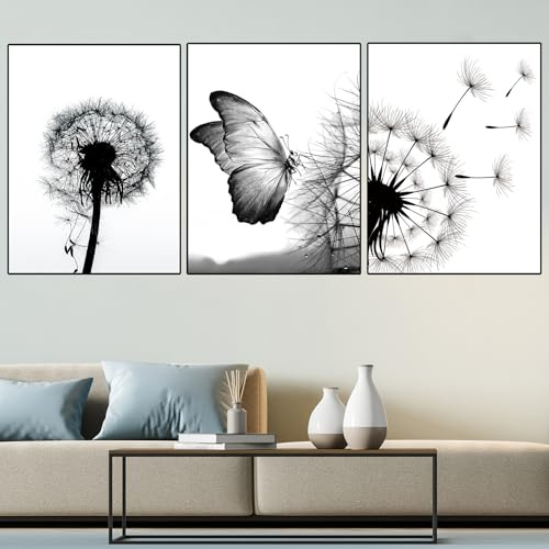 WZXGHE Pusteblume Bilder Leinwand,Aesthetic Blume Schwarz Weiß Löwenzahn Poster Set,Moderne Wohnzimmer Schlafzimmer Deko Bilder,Ungerahm (B,3x60x90cm)