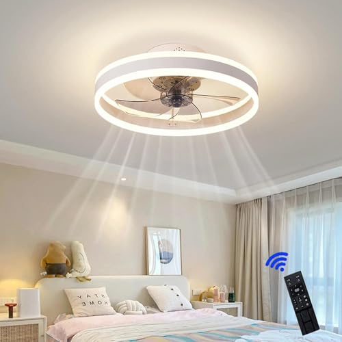 Flush Mount Low Profile Ceiling Fans with Lights and Remote, Modern Semi-Enclosed Ceiling Fan Invisible Blades 3 Color Temps LED Dimmable 6 Wind Speeds Reversible,Timer White