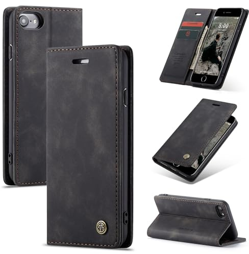 owlhold Handyhülle für iPhone SE 2022/SE 2020/iPhone 8/7 Hülle, Premium Lederhülle Weiches Vintage-Nubukleder Faltbare Ständer Klapphülle Kartenfach Standfunktion stoßfest Schutzhülle -Schwarz