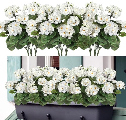 Dremisland 3 Pack Artificial Flowers for Outdoors Red Geranium Silk Flowers Outdoor UV Resistant Garden Plants Bush Faux Flowers for Home Wedding Kitchen Table Centerpieces Decor (White, 6Pack)