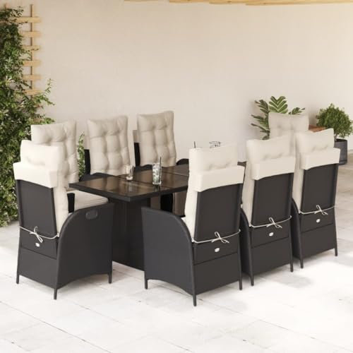 Gecheer 9-tlg. Polyrattan Sitzgruppe 8 Personen, Balkonmöbel Set, Gartengarnitur Möbelsets, Gartenmöbel Set 8 Stühle mit Tisch, Garten Essgruppe mit Auflagen,Garten Sitzgarnitur Terrassenmöbel,Schwarz
