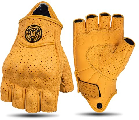 mjmoto Guanti retrò a mezza dita, in pelle gialla con perforazioni traspiranti e impugnatura antiscivolo – unisex (giallo con foro, XL)