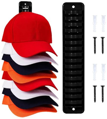 Puedno Hat Organizer for Baseball Caps, Adhesive Hat Hanger Hats Holder Hold Up to 16 Hats, Wall Mounted Hat Rack with Screws, cap Holder Display Organizer for Bedroom Entrance (1)