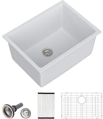 Dcolora 24 Inch White Undermount Deep Laundry Sink Single Bowl Laundry Utility Room Sink Granite Composite,#DC-0002GWL