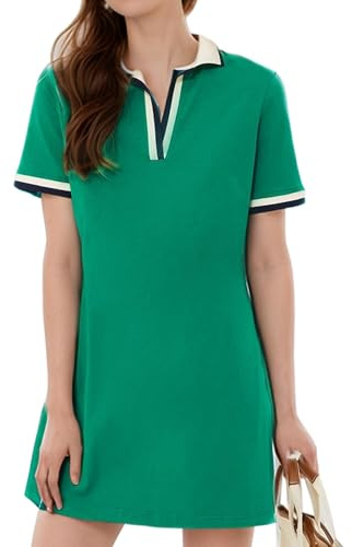 Kissonic Polokleid für Damen, kurzärmelig, Tennis, Golf, V-Ausschnitt, Sommer, Freizeitkleid mit Tasche, Grün , Mittel