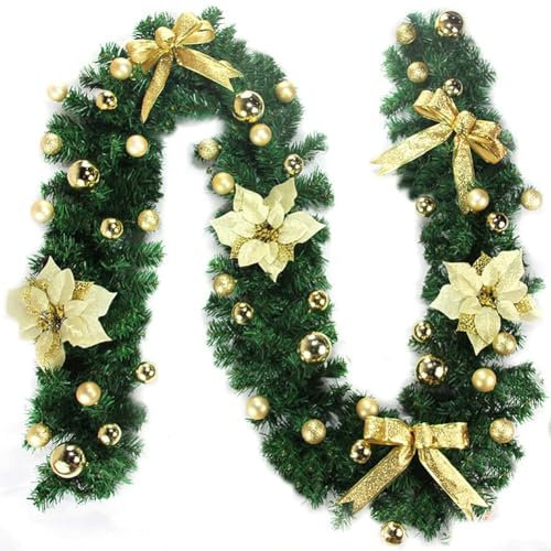 Besttoolifes Weihnachtsgirlande Dekoration – 2,7 m Prelit künstliche Weihnachtsgirlande mit Tannenzapfen & roten Beeren – Weihnachtsgirlande für Kamine Haustür Treppe Home Indoor Outdoor Dekor (Gold)
