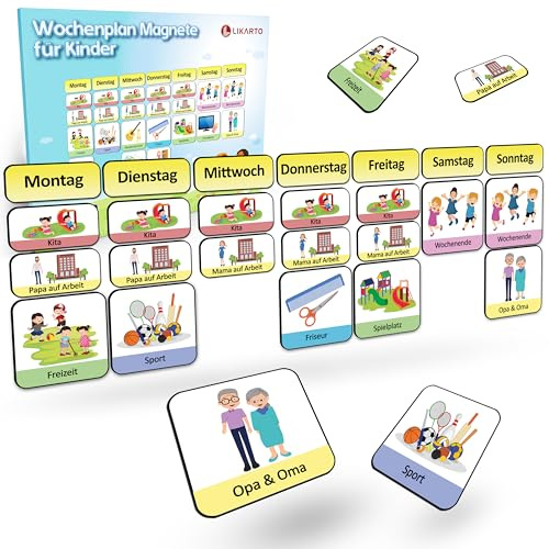 LIKARTO® Magnet-Set für Wochenplaner, 198 Magnete, 3,5 x 3,5 cm, Montessori | 198 Magnete inkl. 17 leere, beschreib- und abwischbar, alle magnetischen Oberflächen, Förderung von Selbstständigkeit
