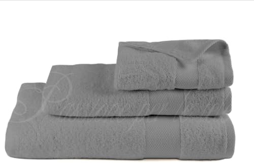 Passione per le tele Set Asciugamani in Spugna 3 pezzi Tris Bagno Viso 60x110 Ospite 40x60 Telo Doccia 100x150 in Cotone 100% Spugna 600 gr/mq (FASCIA grigio)