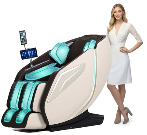 HealthRelife 4D Massagesessel mit App-Steuerung 42 Luftkissen AI Körperscan | 15 Programme,Sprachsteuerung,Touchscreen,Zero Gravity,Drahtloses Laden,Rücken- und Wadenheizung