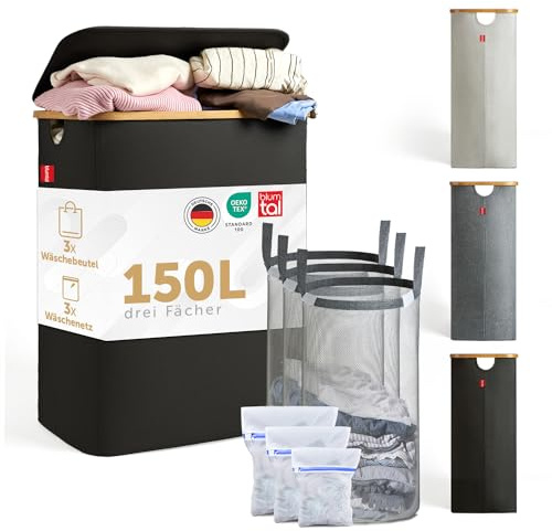 Blumtal Wäschekorb 3 Fächer 150L mit 3 herausnehmbarem Wäschesäcken - Wäschekorb schwarz - Wäschesammler 3 Fächer - Pfandflaschen Sammelbehälter - laundry basket mit Deckel - Wäschebox