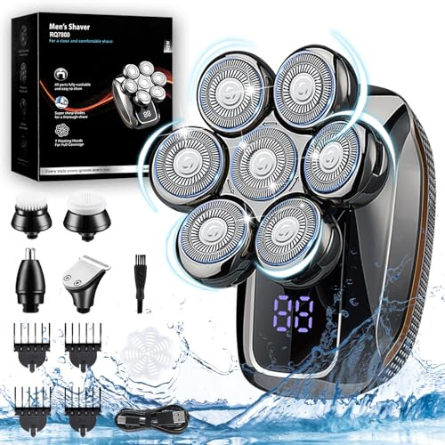 Rasoio elettrico da uomo, 5 in 1, rasoio a testa calva rotante USB ricaricabile, set di rasoi calvi impermeabile e asciutto galleggiante, 7D, rasoio naso ave, schermo LED e spazzola per il viso