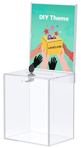 Uniclife Hohe Acryl-Spendenbox für Spendenaktionen, klare Vorschlagsbox mit Schlitz und Schloss, Wahlurne mit Schildhalter, Kunststoff-Aufbewahrungsbehälter für Wohltätigkeitsorganisationen, 17 x 12,7