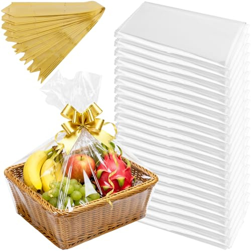 FUNSUEI Extra stora cellofanpåsar, paket med 20–75 cm x 100 cm (30 x 40 tum) korg presentförpackning med dragrosetter, robusta klara cellofanpåsar för korg, korgar och nuvarande förpackning