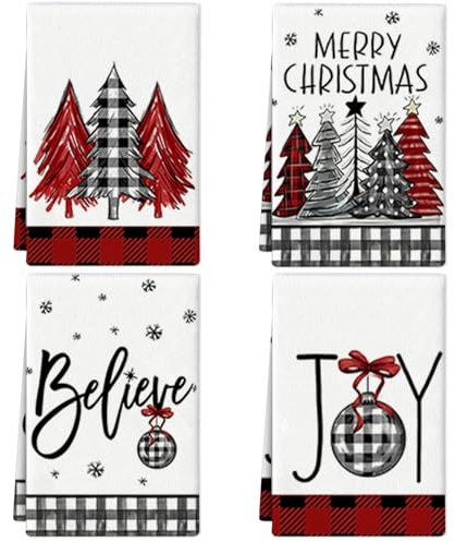 FNSIGHD Tea Towels,Kitchen Towels,Absorbent Lint Free Quick Drying Dish Cloth,Buffalo Plaid Snowflake Trees Stars Dish Towels Set,for Drying Dishes Clothes Home Decorations