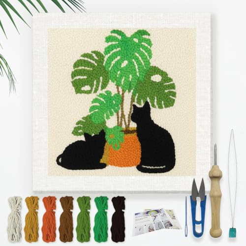 DOODLREAM Monstera und Schwarze Katze DIY Punch Needle Stickset für Erwachsene und Anfänger 24cm Pflanzenstanzer Bastelset für Anfänger mit Rahmen Stoffmuster Einfädler Garn Lochnadel