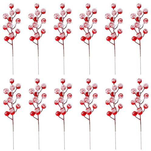 OZXVXZO 24Piezas Bayas de Acebo Artificiales, Bayas de Navidad, Bayas Rojas Artificiales, para Guirnalda de Navidad Decoración de guirnaldas, árbol de Navida, Flores Manualidades