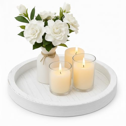 Rustic Round Wooden Serving Tray,Round Wood Decorative Candle Holder Farmhouse Coffee Table Centrepiece Decorative Tray, Decorative Candle Tray for Pillar Candles for Home Table （Old White） ﻿