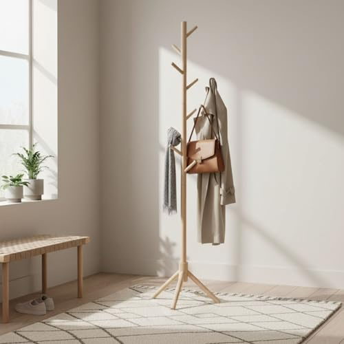 INDE MOBLEKIT | Perchero de Pie Madera Natural 42x42x175 cm con 8 Ganchos, Diseño Haya Montaje sin Tornillos, Ideal para Entrada Recibidor, Dormitorio y Galán de Noche