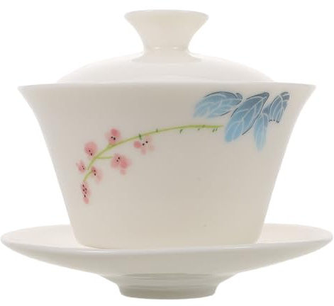 DECOMELODY Taza de Té Kung Fu de Porcelana con Tapa y Platillo Juego de Té Chino Tradicional Taza de Cerámica Resistente a Altas Temperaturas Vajilla Vintage para Ceremonia Oriental
