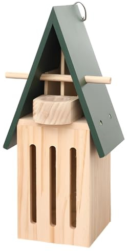 12 x 9 x 28 cm, verde y madera, hábitat de mariposas para exteriores, casa de mariposas y comedero de insectos, madera, jardín, incluye bandeja de alimentación con anillo colgante de metal