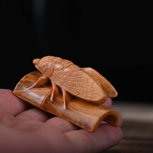 FENNYYAR Figura decorativa de madera de boj con diseño de cigarra de animales, 6 cm, manualidades de madera, decoración del hogar, regalo