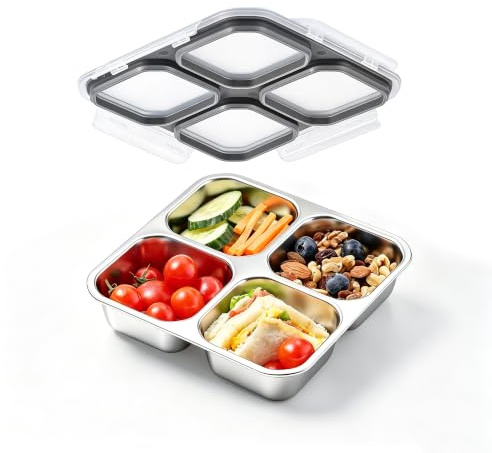 Misichao Stainless Steel Snack Boxes with 4 Compartments | 600 ml | Grey | Reusable Snack Containers Small Bento Lunch Box for Kids Adults Divided Meal Prep Containers for School Work Travel 1 Pack