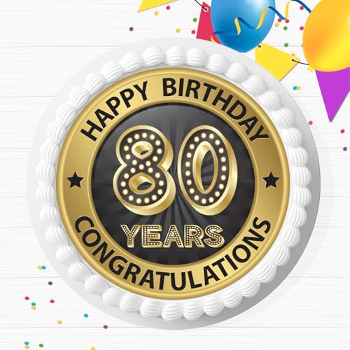 AGE 80 80th BIRTHDAY BLACK & GOLD PRE-CUT 7.5 INCH EDIBLE ICING CAKE TOPPER DECORATION