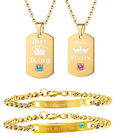 Uloveido His Queen Her King Necklaces & Bracelets Set - Matching Couples Cuban Link Chain Bracelet Valentine's Day Gift for Men and Women SN124