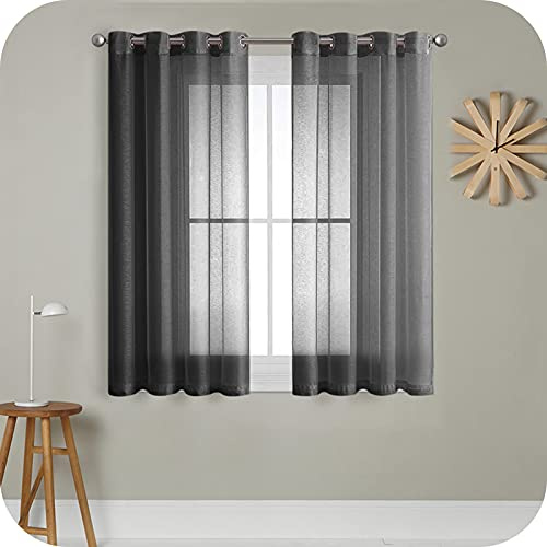 MRTREES Voile Gardinen Vorhang halbtransparent kurz mit Ösen in Leinenoptik Stores Gardinen Schals für Wohnzimmer Schlafzimmer Kinderzimmer Schwarz 160×140cm (H×B) 2er Set