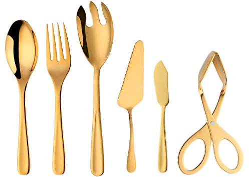 Bisda Lot de 6 couverts de service dorés en acier inoxydable pour la cuisine, la salade, les gâteaux, la pâtisserie, la pince à pain et le beurre