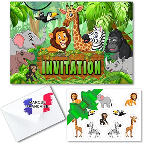 DREANA Kit carte d'invitation anniversaire en français sur le thème des animaux de la jungle pour 10 invités (10 cartons d invitation + 10 enveloppes 1 planche 10 stickers). Idéal enfants 4 à ans
