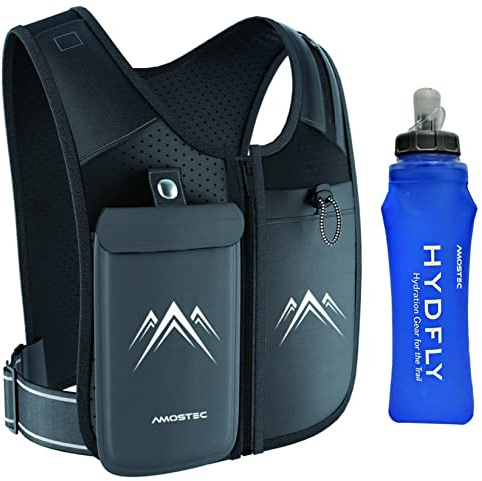 AMOSTEC Gilet porta telefono da corsa, originale cerniera anteriore riflettente gilet da corsa con bottiglia idratante da 500 ml, cintura regolabile e materiali traspiranti, uomini e donne