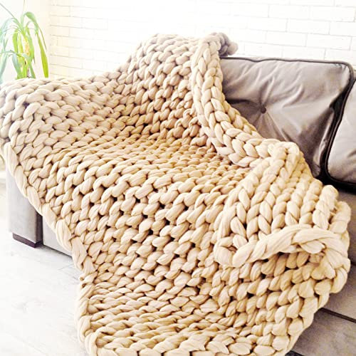 VanderHOME Decke Gestrickte Super Weiche Kuscheldecke Handgefertigt Grobe Strickdecke Grobstrick Decke Gestrickte Decke Wolldecke Couchdecke Flauschige weihnachtsdeko (Beige,60×60cm)
