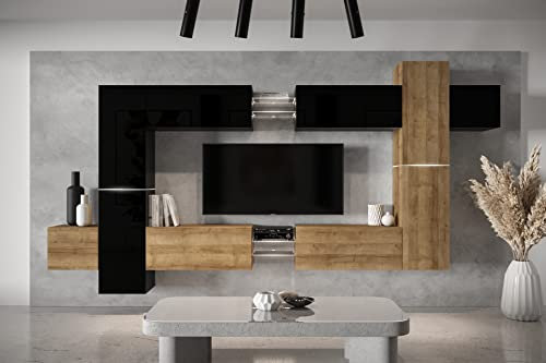 Furnitech Wohnwand Wohnzimmer - Wohnzimmer Möbel mit LED RGB - 16 Farben - Hängend Wohnwand Modern - Wohnzimmer Schrankwand mit Regale und TV Schrank (AN91NEW-21BDZ-HGM24)