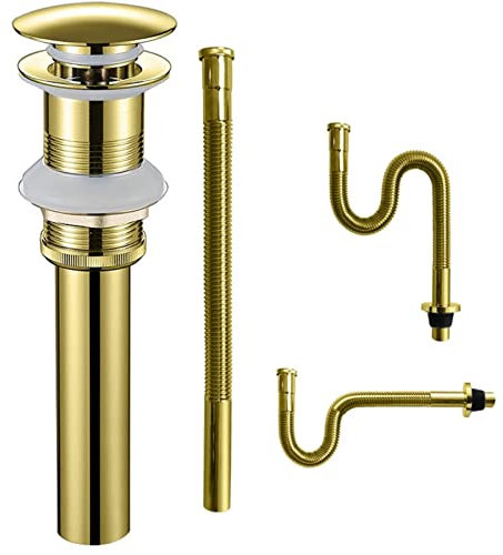 FCS Bathroom Sifón y Pop-up Tapones de Desagüe Válvula para Lavabo, Latón Válvula Desagüe Lavabo, Oro (Color : Without Overflow, Size : Drain Stopper 1)