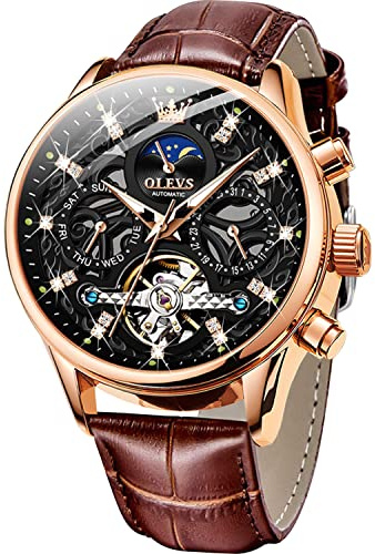 OLEVS Herrenuhr Leder Skelett Automatik Mechanisch Tourbillon Kalender Mondphase Leuchtend Wasserdicht Luxus Business Armbanduhr, Z: Schwarzes Zifferblatt und braunes Leder, Mechanisch