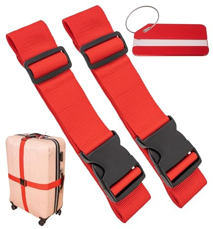 Kofferband Set mit Kofferanhänger, 2 Pack, 200 cm Gurtband mit Schnalle für mehr Sicherheit, Rot, mit Namensschild, Koffergurte mit Adressschild zum Reisen und Fliegen, Kofferspanngurte, Gurt Koffer