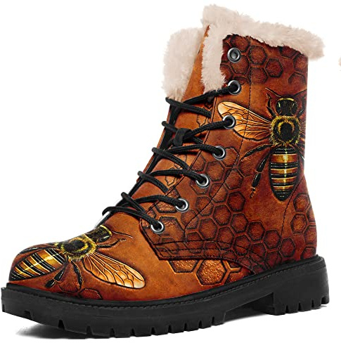 coolcustomize Winter Boots for Women, Custom Christmas Boots Santa Claus Bee Print Ladies Fur Lined Boots Comfortable Warm Winter Snow Shoes Outdoor Xmas Gift