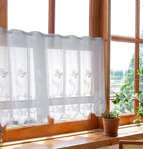 Devola Rideau transparent en jacquard fleuri, en panneaux blancs avec œillets, rideau court de cuisine avec bord courbé, 120 x 90 cm, 1 pièce