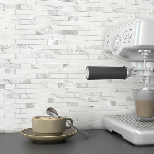 M MOFIT Carreaux 3D autocollants Autocollants de carrelage Carreaux muraux Cuisine Carreaux de mosaïque Aspect pierre Salle de bain Étanche (10 tapis, Blanc Argent)