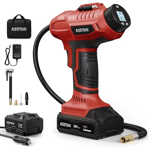 AstroAI C2 Cordless Tire Inflator Air Compressor 20V Rechargeable Battery Powered 160PSI Portable Air Pump with 12V Car Power Adapter Digital Pressure Gauge for Cars Motorcycles JY16P160-18 Red