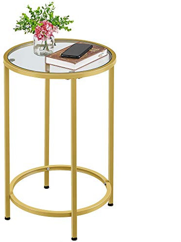 Yaheetech Bestelltisch Runder Sofatisch Coutisch mit Metallgestell Kleiner Nachttisch Hartglas Tischplatte Glastisch für Wohnzimmer Balkon, 40,5 x 40,5 x 61 cm Gold