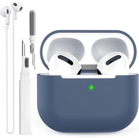 BEAUDOM Silikon Hülle für AirPods 3 [Front-LED Sichtbar] [Kabelloses Laden] mit Reinigungsstift und Halteband - Kompatibel mit 3. Generation (Mitternachtsblau)