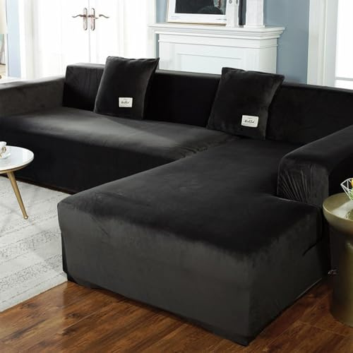 YOPOIY Samt Sofabezug L Form, Dicker Stretch Ecksofabezug, rutschfest Sofabezug Ecksofa L Form Waschbarer Plüsch-Möbelschutz Für Haustiere Und Hunde -Schwarz-3+3 Sitzer