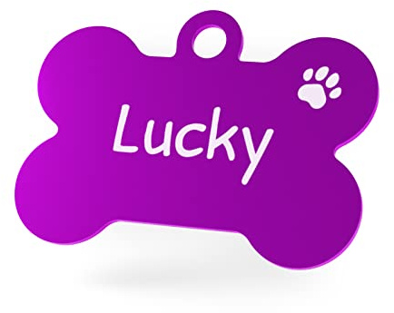 ENGRAVO Hundemarke mit Gravur in Lila 38mm | Knochen Halsbandanhänger personalisiert | Namensschild für Halsband | Anhänger Marke für Hunde, Welpen & Katzen | Dog Tag mit Wunschgravur