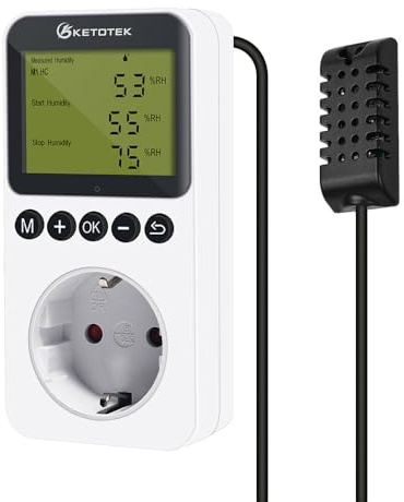 KETOTEK Prise Hygrostat Numérique avec Sonde, Contrôleur Humidité 220V pour Reptile Terrarium Couveuse Incubateur Serre, Régulateur Humidité Prise pour Humidificateur Déshumidificateur