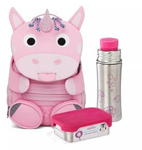 Affenzahn Großer Freund Bundle mit Trinkflasche und Brotdose Kita Rucksack Set Einhorn - Rosa
