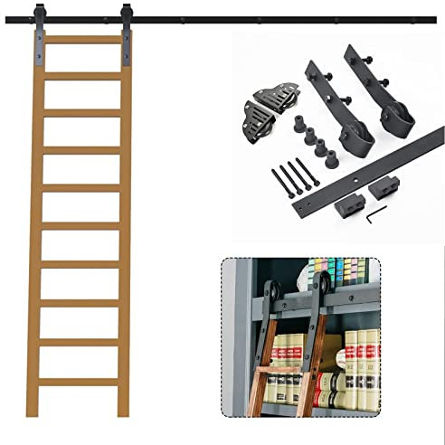 Schiebeleiter-Hardware, kompletter Satz Bibliotheks-Rollleiter-Schienen-Kit, Schiebeleiter-Schienen-Hardware mit Bodenrollrädern (ohne Leiter), schwarzes Rollen-Bücherregal-Hardware-Kit (Grö